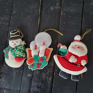 Set of 3 Vintage Plush Ornaments Christmas Tree Snowman Candles Santa Decoration